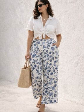 Withe Floral Linen Wide Leg Pants Coastal Grandmother Mediterranean Euro Summer